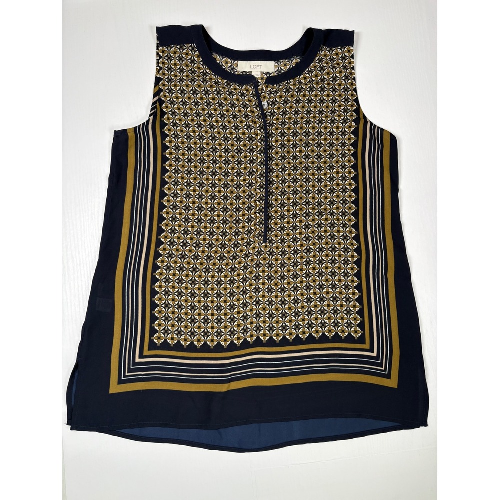 LOFT Womens Navy Blue Mustard Gold Geometric Tile Print‎ Sleeveless Blouse S Mod